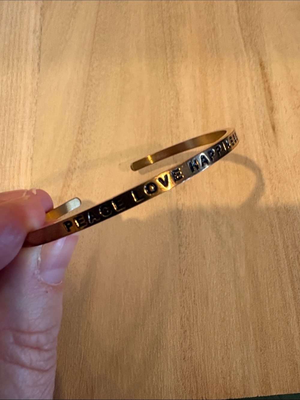 MantraBand Gold Peace Love Happiness Engraved Cuff Bracelet